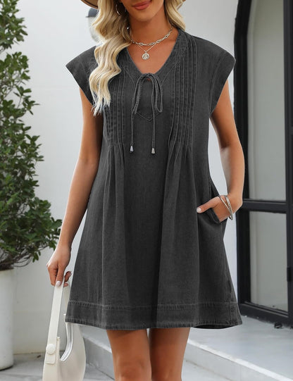 Women's V-neck Pleated Denim Dress with Pockets