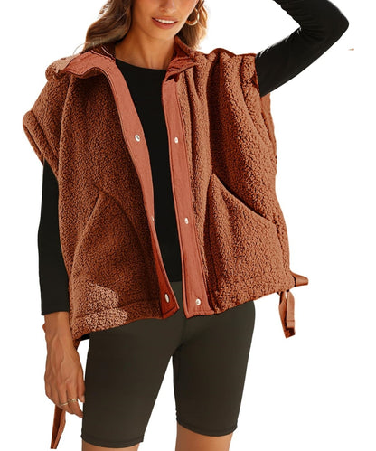 Women's Button Paneled Teddy Fleece Vest Jacket