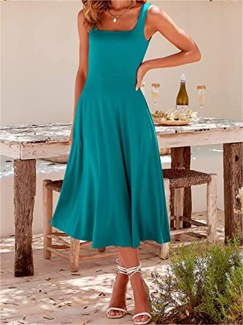 Casual Square Neck Sleeveless   Beach Midi Dress