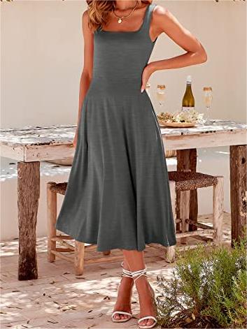 Casual Square Neck Sleeveless   Beach Midi Dress
