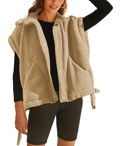 Women's Button Paneled Teddy Fleece Vest Jacket