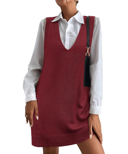 Women's V-Neck Sweater Vest Dress with Pockets