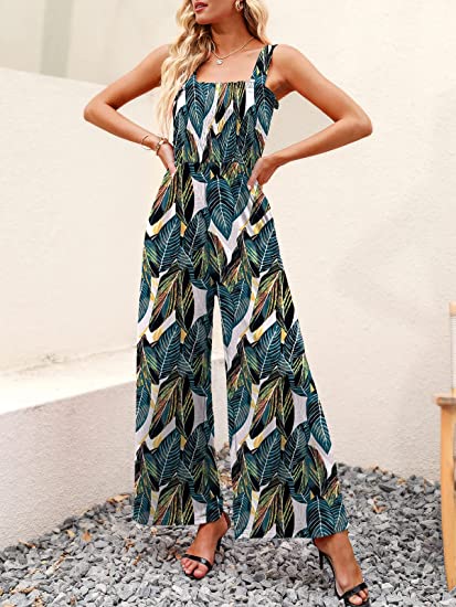 Smocked Wide Leg Jumpsuit Rompers with Pockets