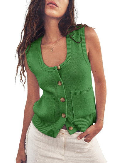 Women's Knitted Ribbed Sleeveless Button Down Top