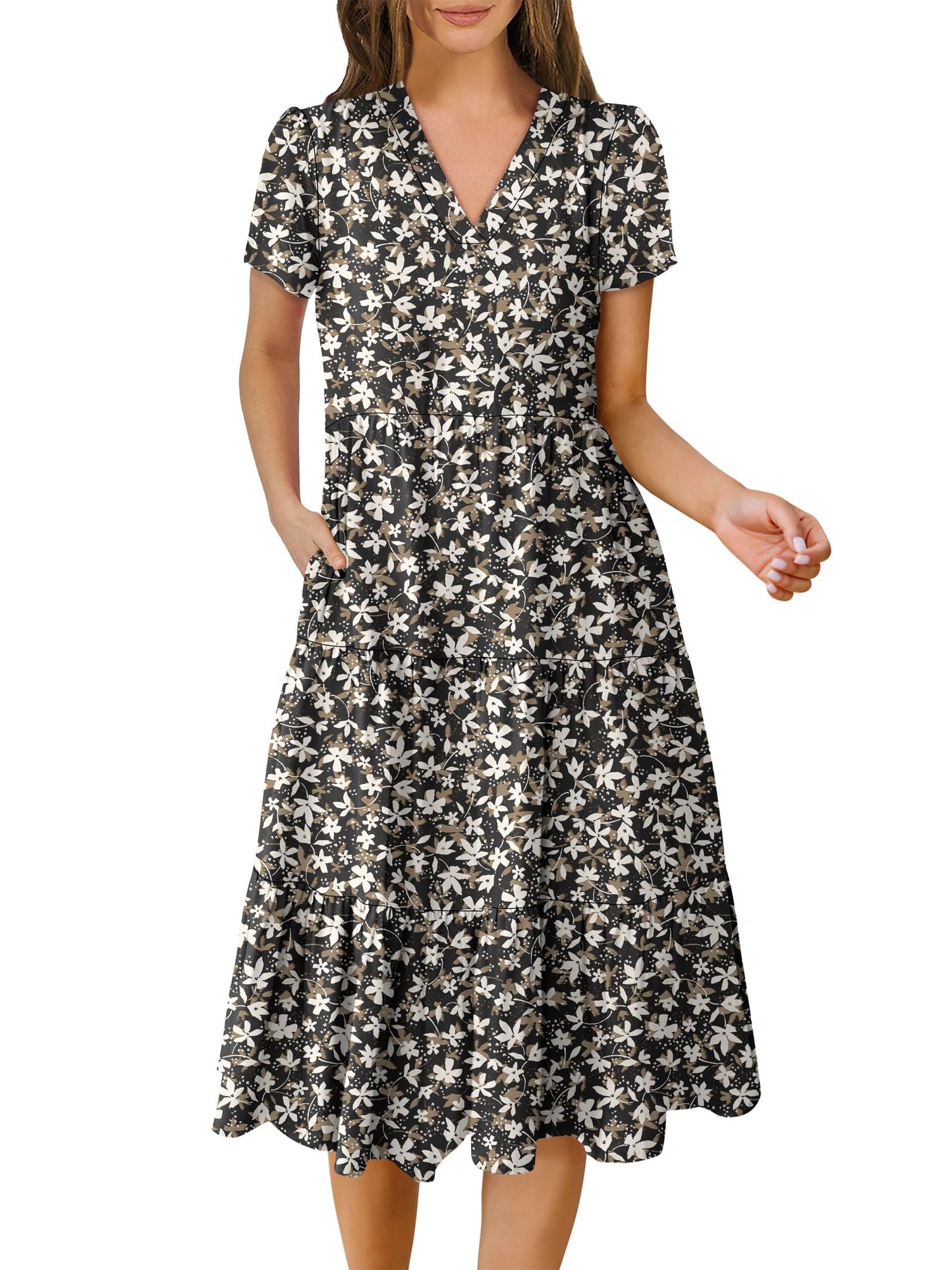 Women's Summer Casual Short Sleeve V Neck Tiered Midi Dress