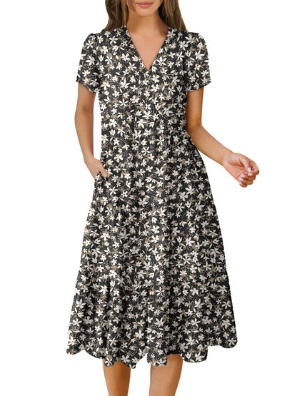 Women's Summer Casual Short Sleeve V Neck Tiered Midi Dress