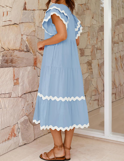 Women's V Neck Flutter Short Sleeve Tiered Long Dress