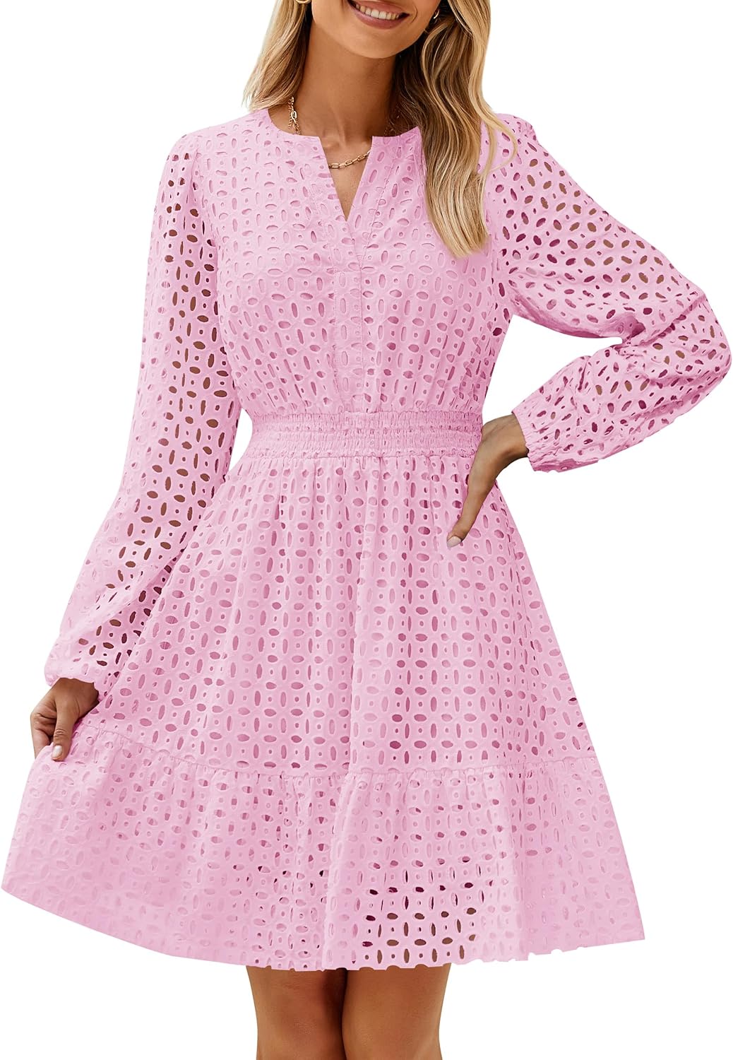 Women's Long Sleeve Hollow Out Eyelet Dress