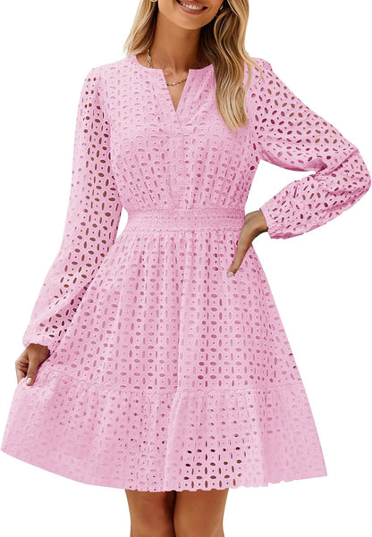 Women's Long Sleeve Hollow Out Eyelet Dress