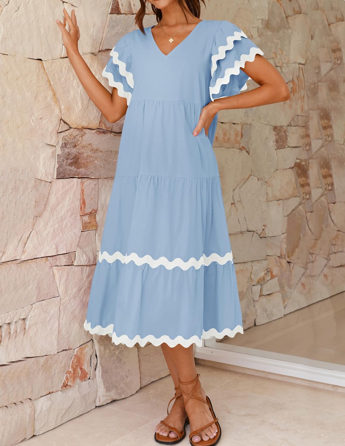 Women's V Neck Flutter Short Sleeve Tiered Long Dress
