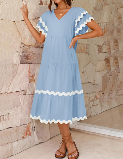 Women's V Neck Flutter Short Sleeve Tiered Long Dress