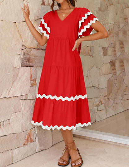 Women's V Neck Flutter Short Sleeve Tiered Long Dress