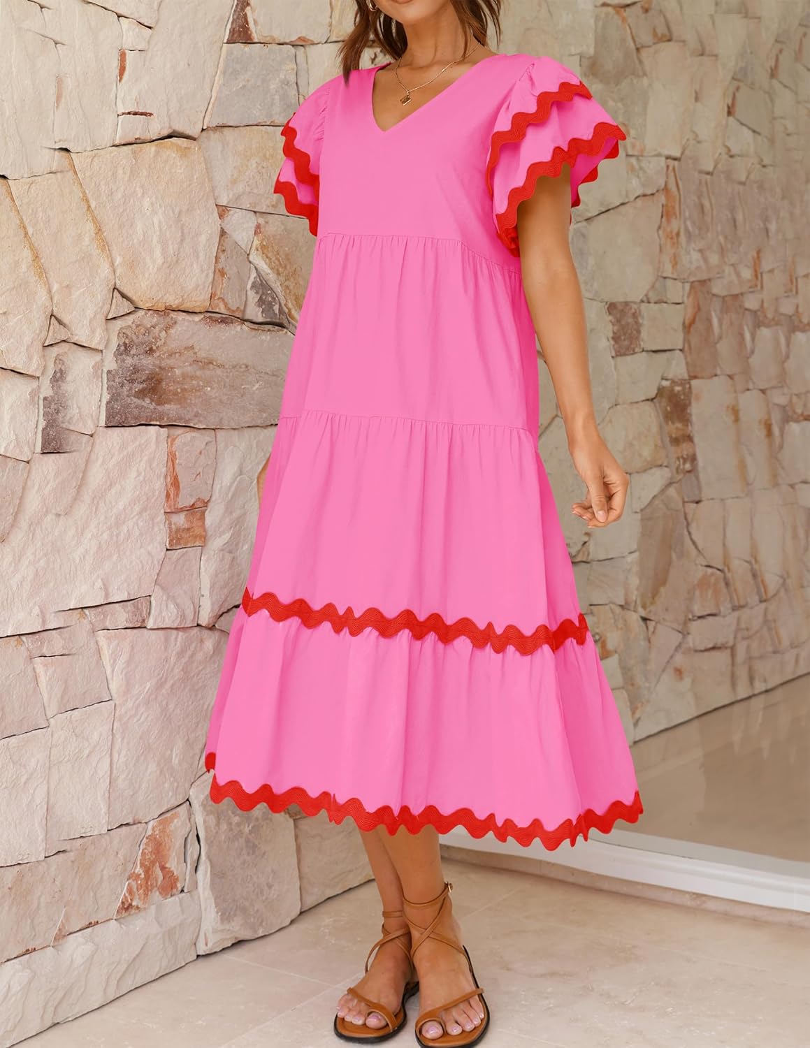 Women's V Neck Flutter Short Sleeve Tiered Long Dress