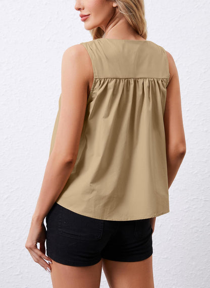 Women's Casual Loose Sleeveless Pleated Tnak Top