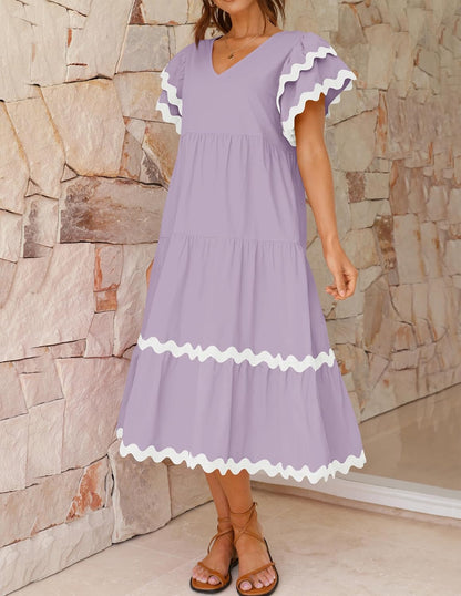 Women's V Neck Flutter Short Sleeve Tiered Long Dress