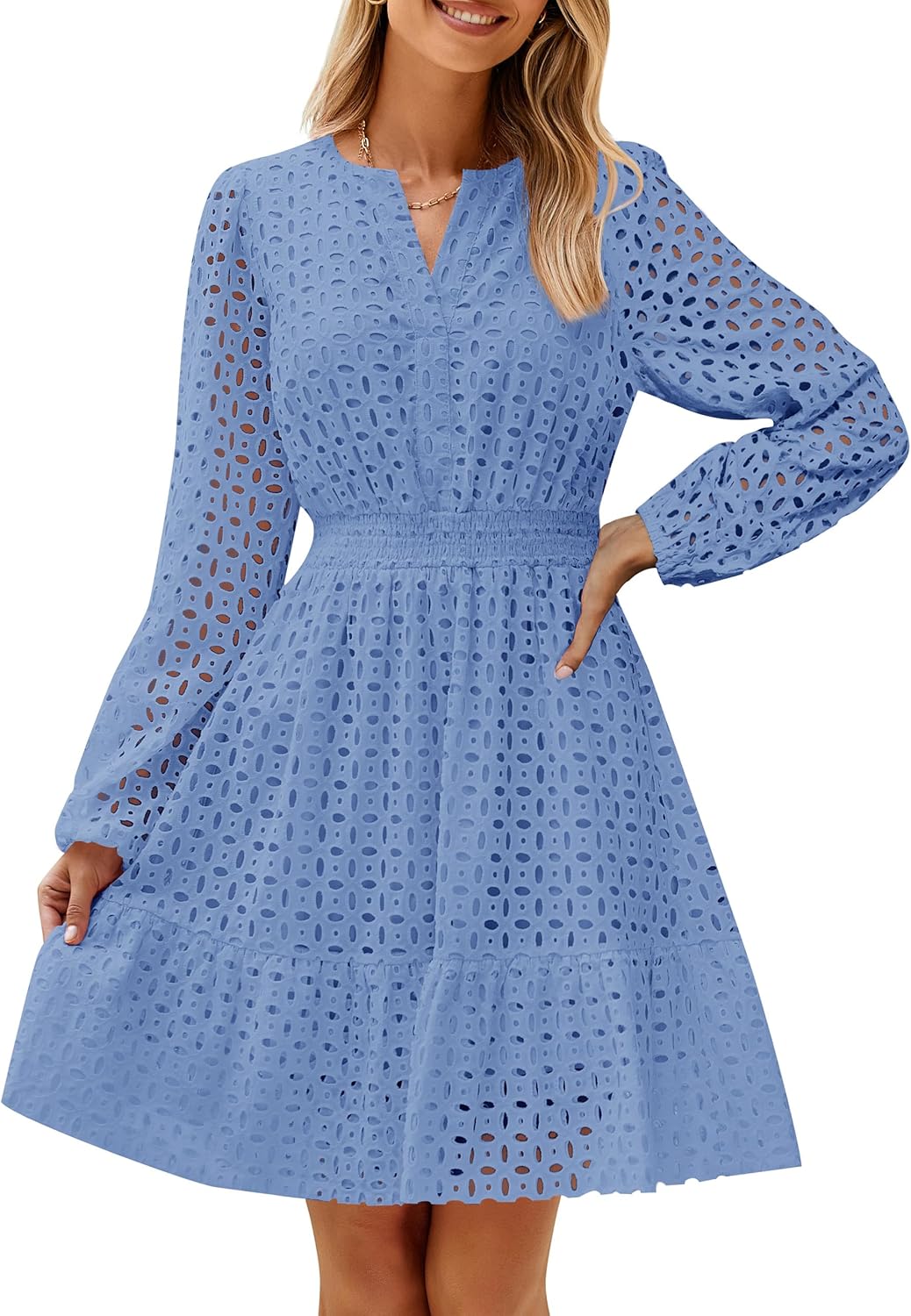 Women's Long Sleeve Hollow Out Eyelet Dress