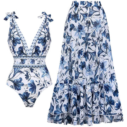 Adjustable Shoulder Floral Print One Piece Swimsuit with Skirt/Sarong