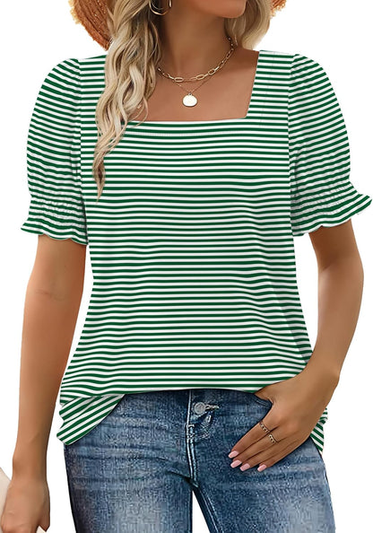 Women's Square Neck Smocked Sleeve Casual Tops