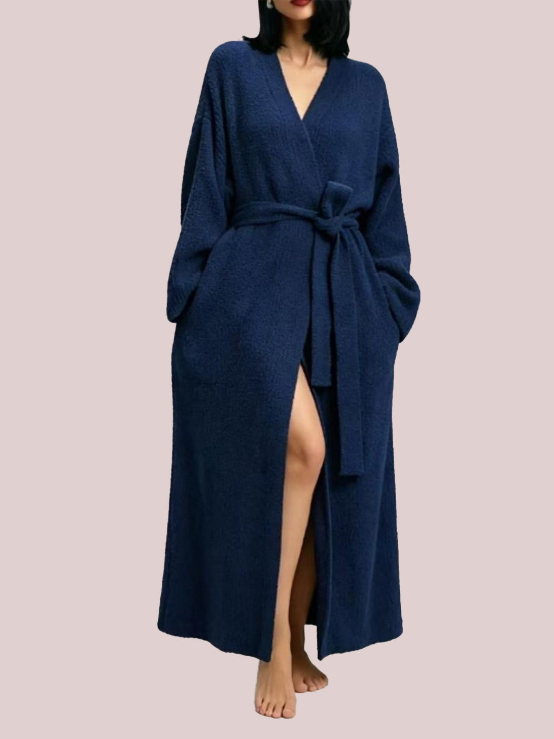 Women's Plush Knitted Long Robe with Waist Belt