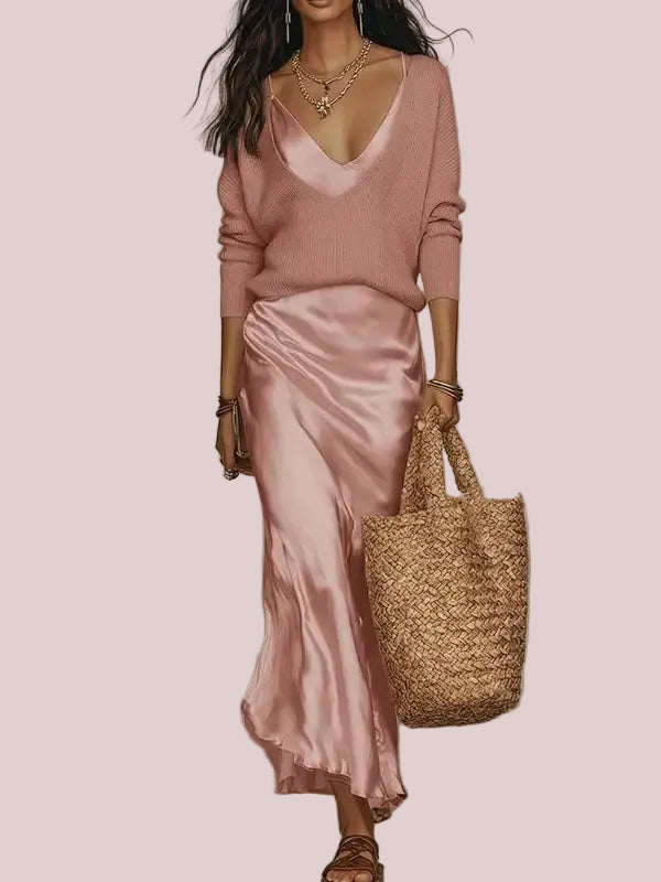 Women's 2-Piece Knit Satin Dress Set