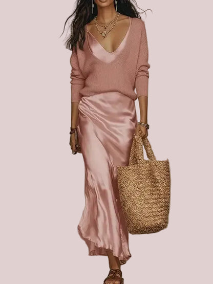 Women's 2-Piece Knit Satin Dress Set