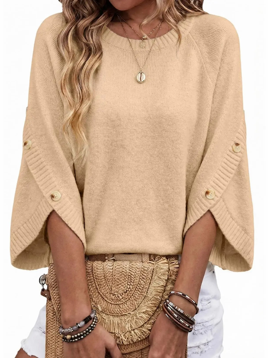Women’s Crew Neck Raglan Sleeve Button Detail Knit Pullover