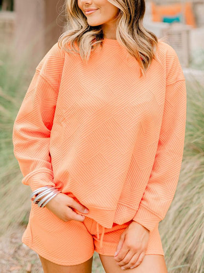 Women's Textured Long Sleeves Drawstring Shorts Set