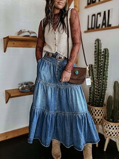 Women's Chic High-Waisted A-Line Denim Skirt