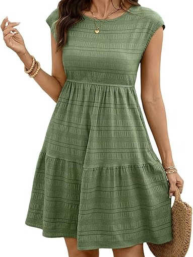 Women's Round Neck Cap Sleeve Textured Tiered Midi Dress