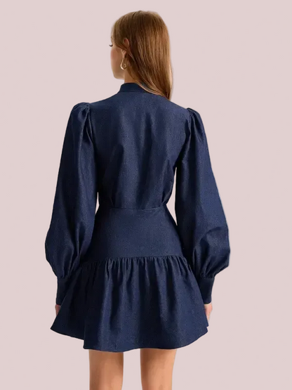 Women's Casual Denim Collared Neck Puff-Sleeve Dress