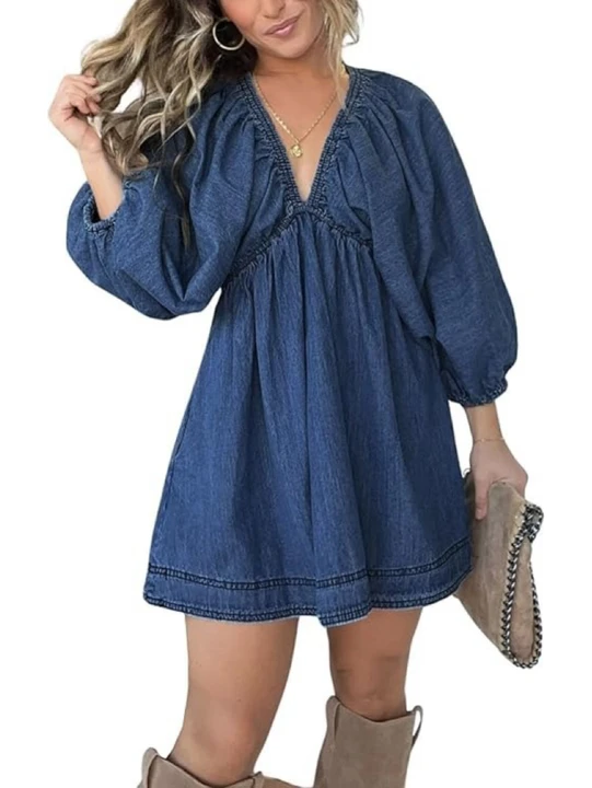 Women's V-Neck Solid Denim Garment Dress