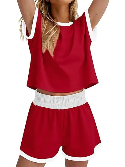 Women's Contrast Trim Crew Neck 2 Piece Short Set