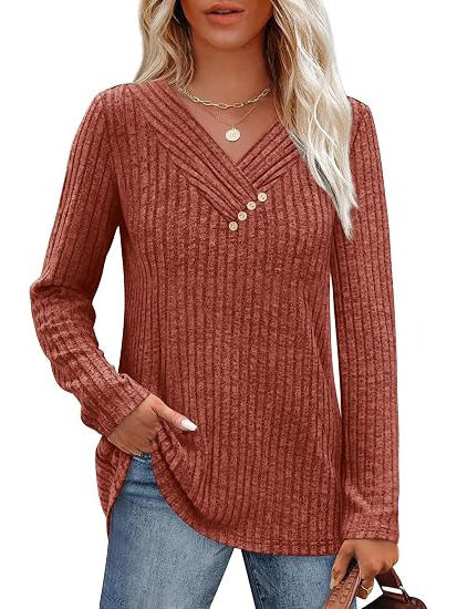 Women's Ribbed V‑Neck Decorative Button Fall Top