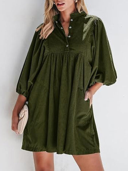 Women's Button Up Empire Waist Corduroy Dress