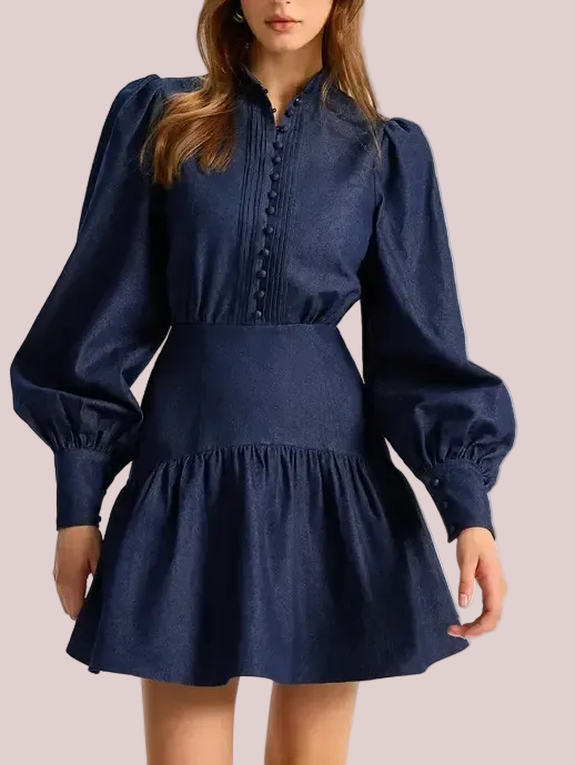 Women's Casual Denim Collared Neck Puff-Sleeve Dress