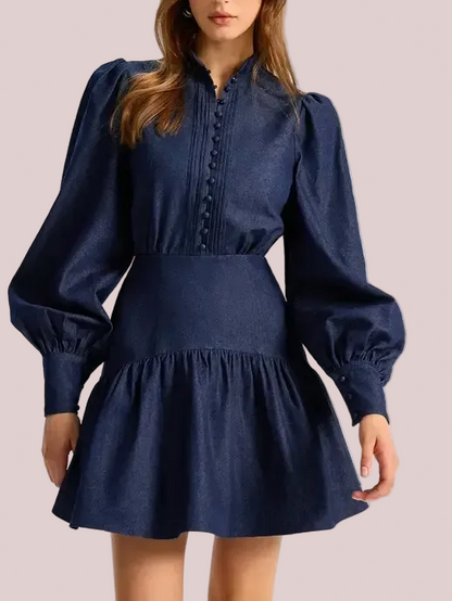 Women's Casual Denim Collared Neck Puff-Sleeve Dress