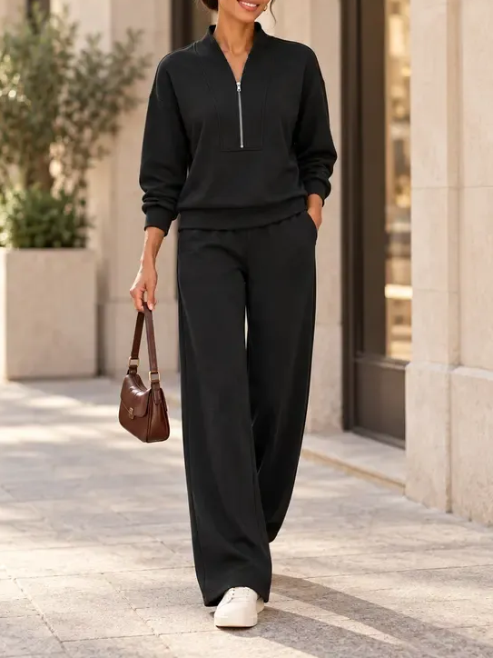 Women's Half Zip 2-Piece Wide Leg Loungewear Set