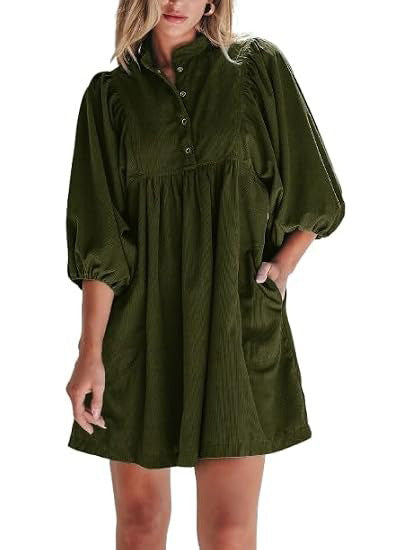 Women's Button Up Empire Waist Corduroy Dress