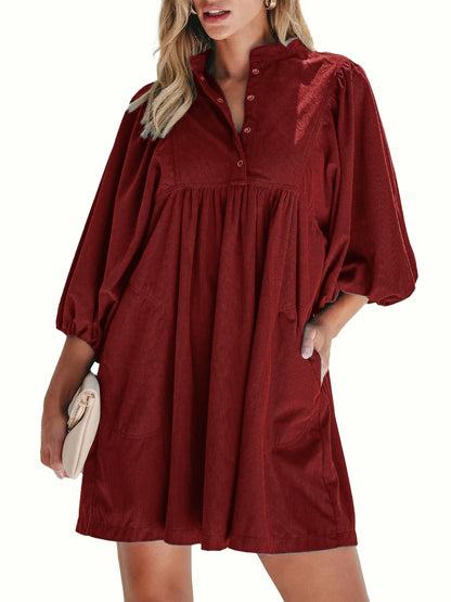 Women Snap Button Corduroy Puff-sleeve Dress