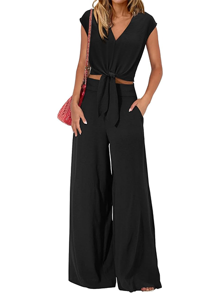 Summer Casual V-Neck Tie Waist 2 Piece Outfit