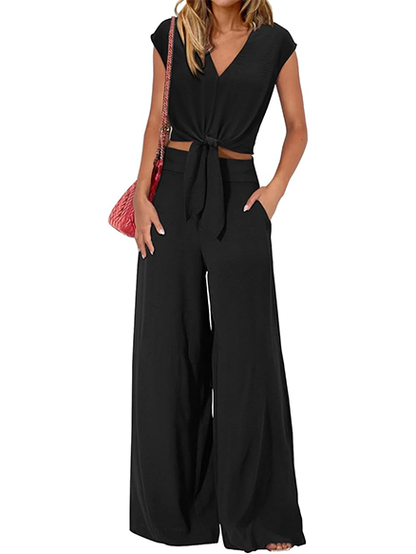 Summer Casual V-Neck Tie Waist 2 Piece Outfit