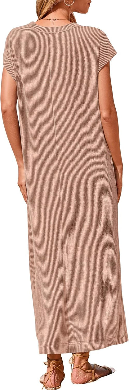 Women's Ribbed Henley Button Up Split Long Dress