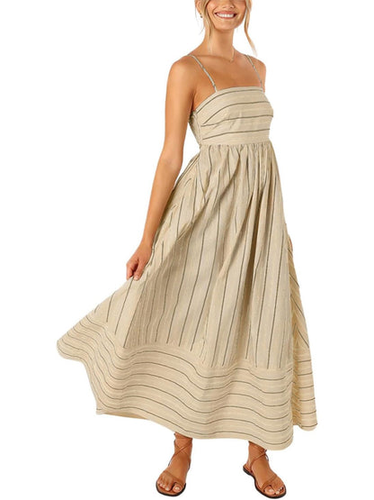 Women's Summer Striped Back Cutout Cami Maxi Dress