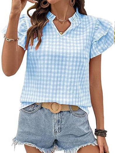 Women's Gingham V Neck Ruffle Sleeve Blouse