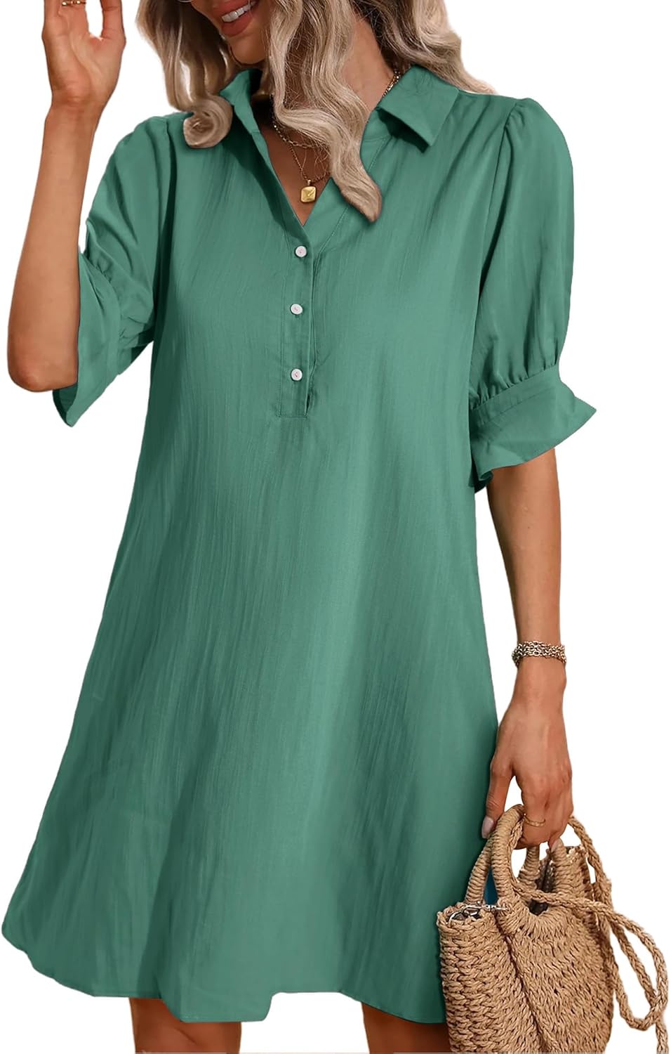 Women's Solid Ruffle Sleeve Button Down Shirt Dress