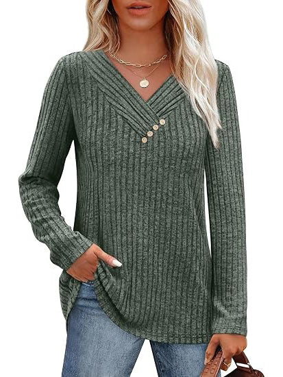 Women's Ribbed V‑Neck Decorative Button Fall Top