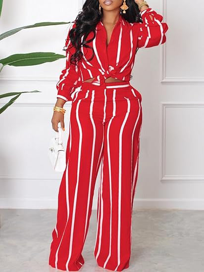 Women's Casual Striped Long Sleeve Two Piece Outfit