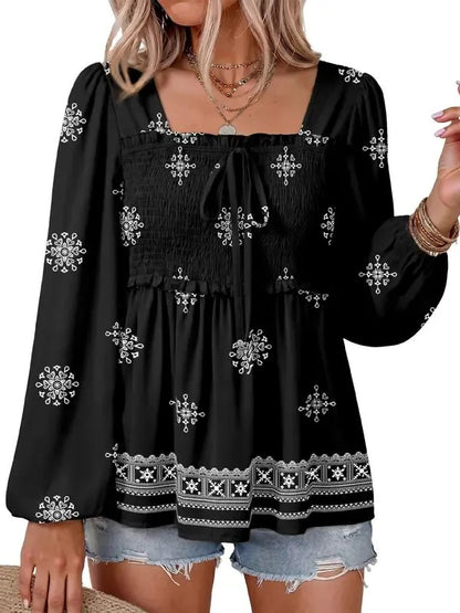 Women's Boho Floral Ruffle Square Neck Casual Shirt