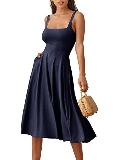 Casual Square Neck Sleeveless   Beach Midi Dress