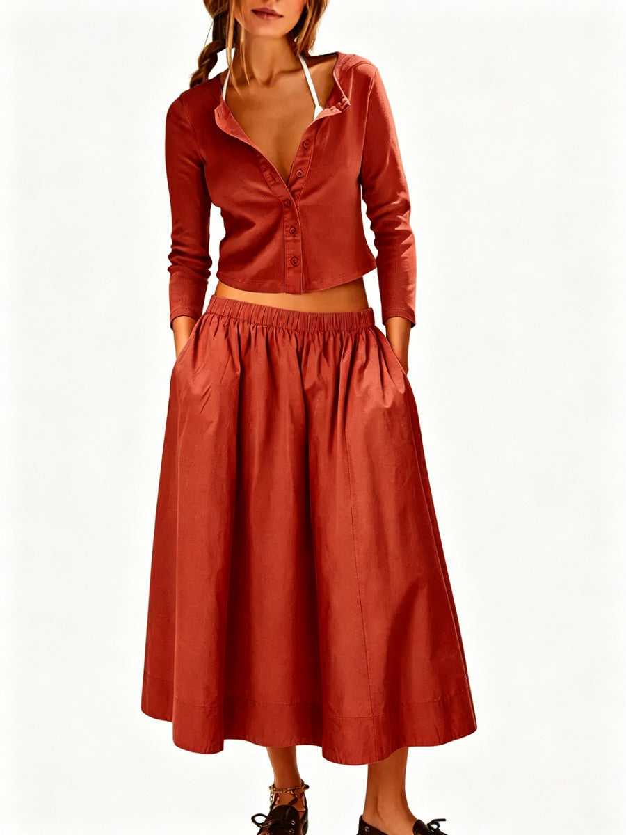 Women's Long Sleeve Crop Top Flowy Midi Skirt Two‑Piece Outfit